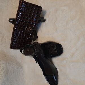 Chic Brown Crocodile Clutch and Black Heels Set